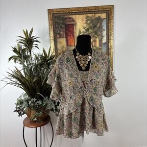 Cabi Women’s Short Sleeve Floral Ruffle Peplum Blouse Top Size Small Multicolor